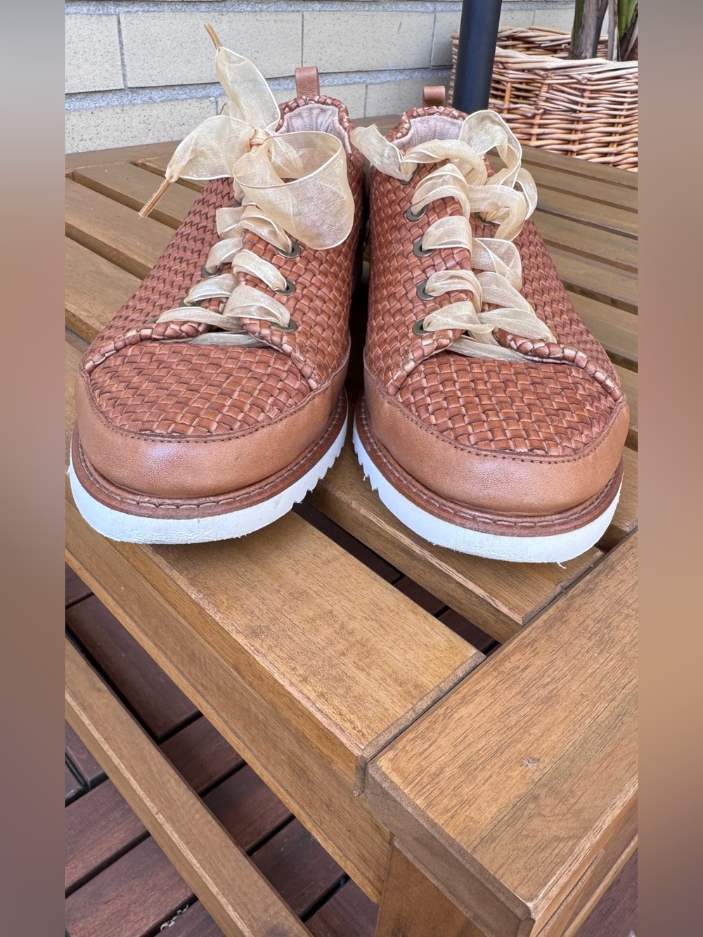Woven Low-Top Sneakers in Copper Brown with Sheer Cream Laces - Picture 4 of 10